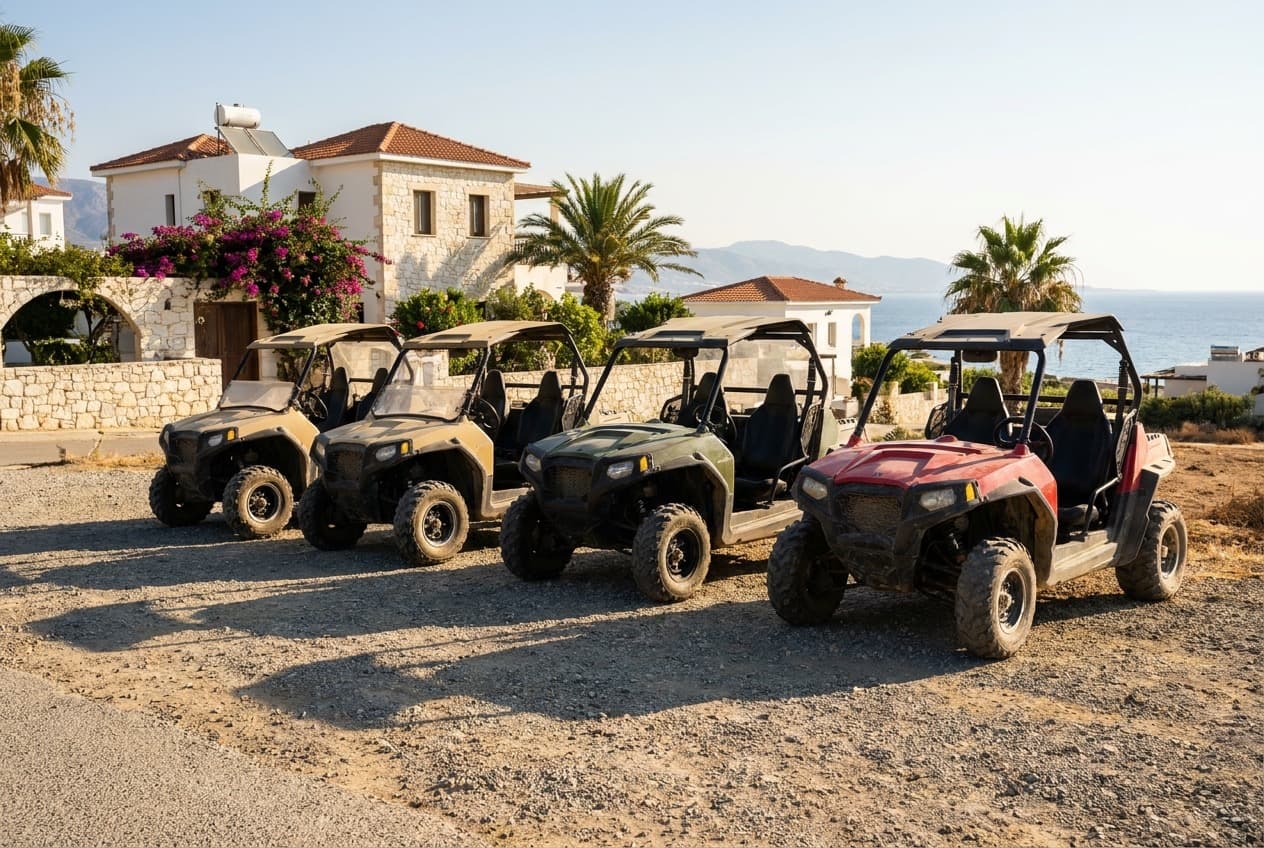 Row of rental buggies parked in the sun in a Cyprus resort town