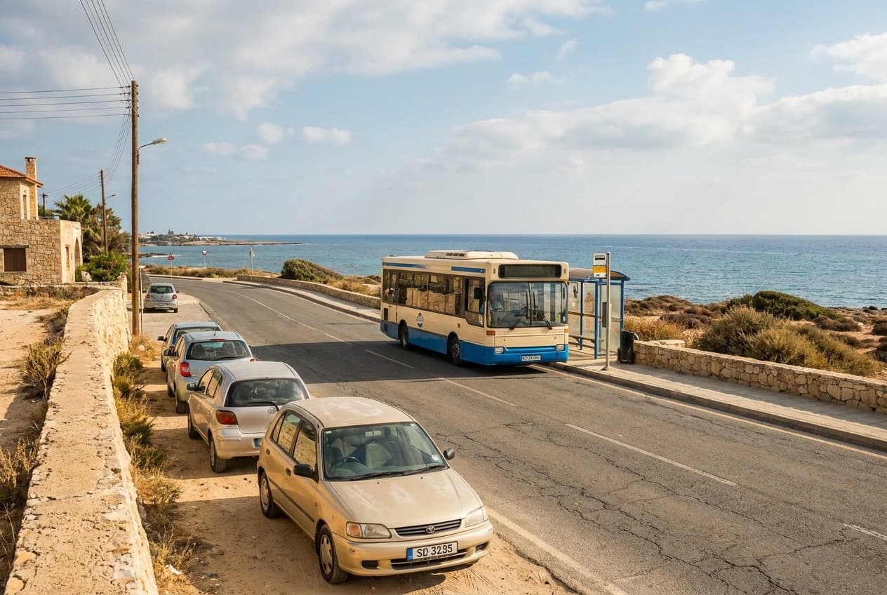 Public bus and parked hire cars on a coastal road in Cyprus