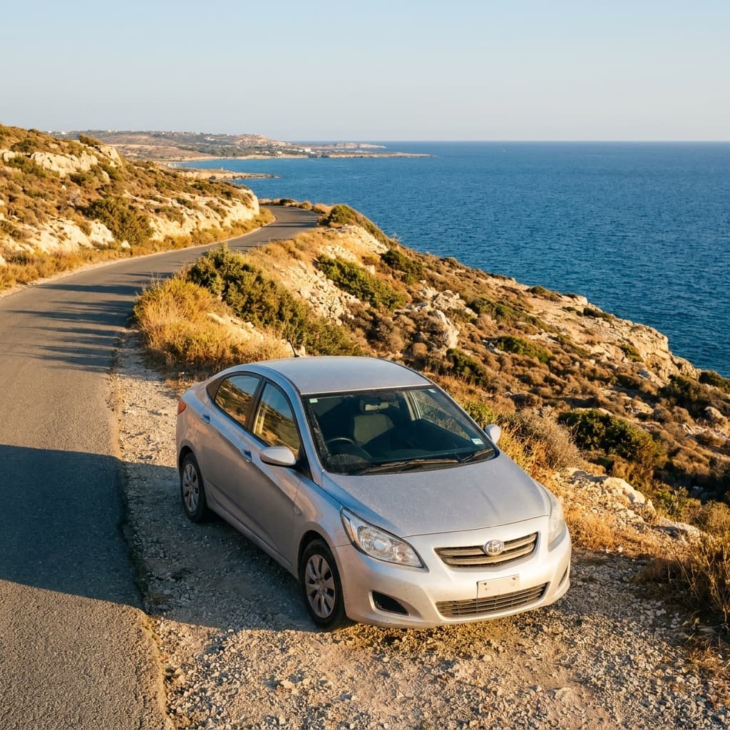 Hire car parked on a coast road above the sea near Paphos, western Cyprus, in warm afternoon light