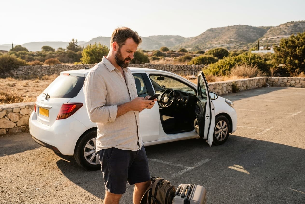 Customer checking rental details on a phone beside a hire car in Paphos, Cyprus