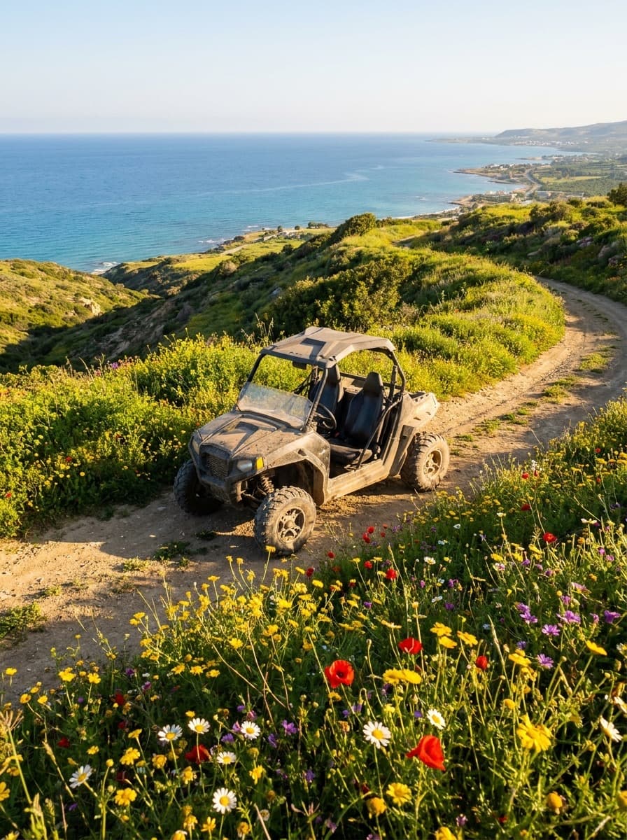 Rental buggy on a spring hillside track above the sea in western Cyprus