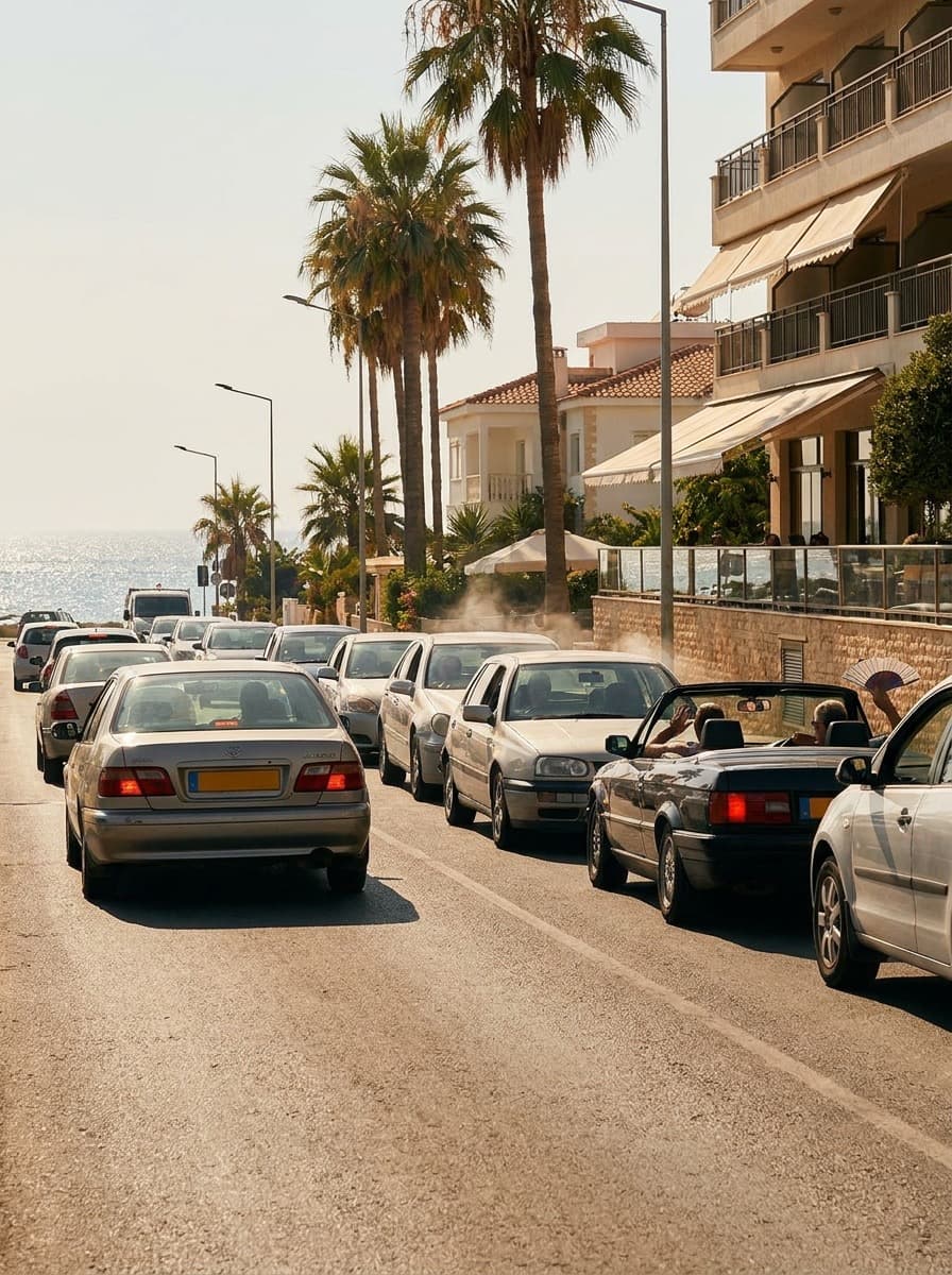 Busy coastal road near Paphos, Cyprus, in high summer traffic