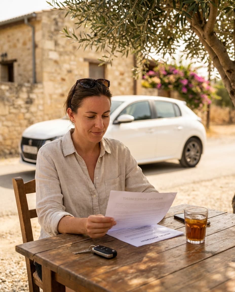 Customer reading a printed car hire agreement before signing, in Paphos, Cyprus