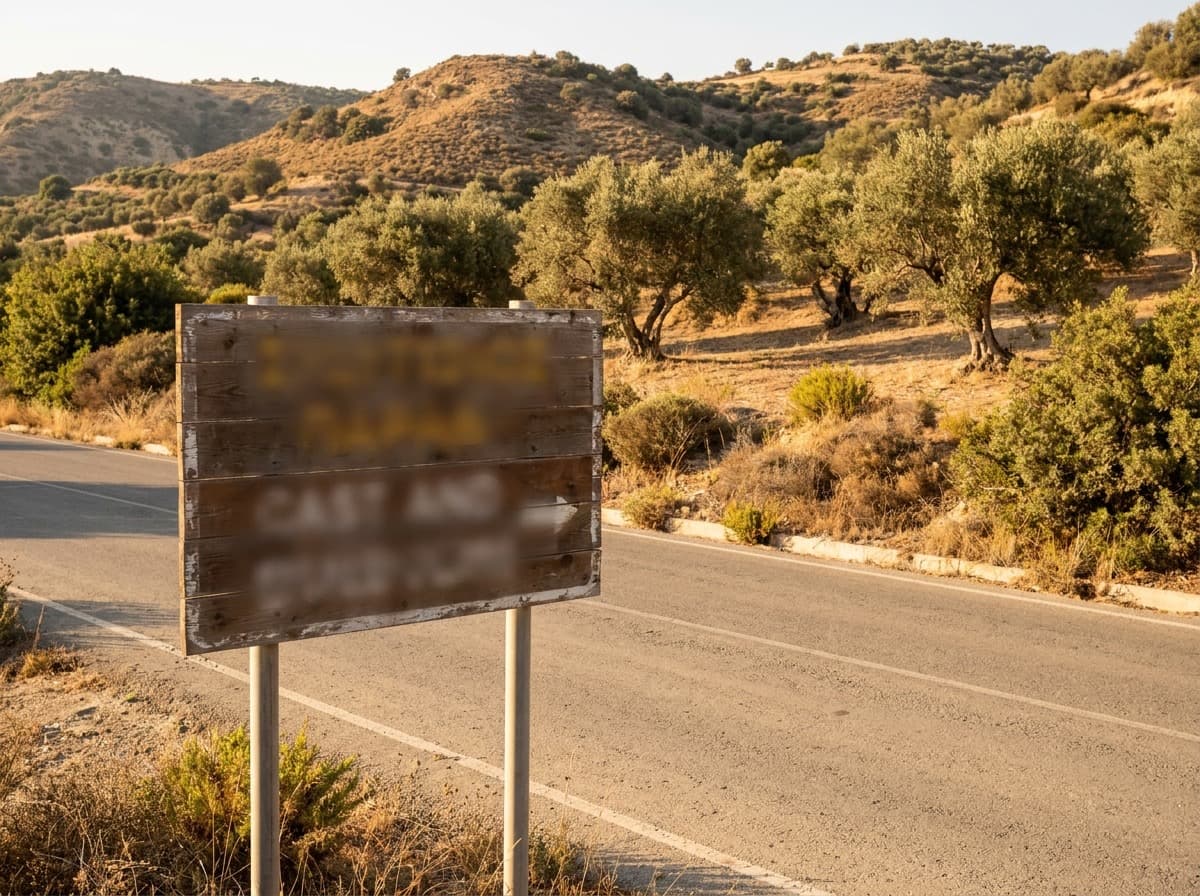 Road sign beside a rural road in the Paphos district of Cyprus